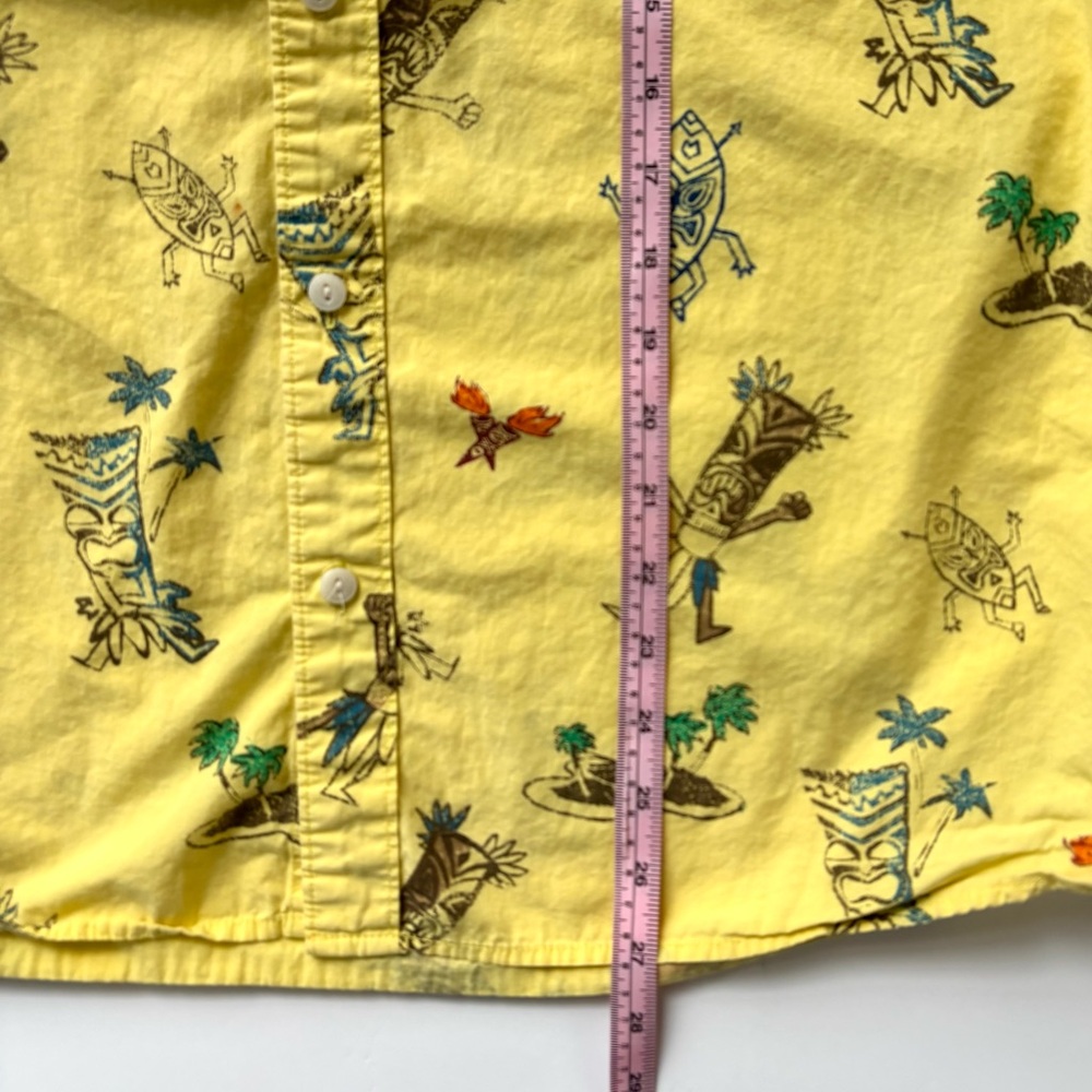VTG Hang Ten Tiki Print Yellow Short Sleeve Button Down Summer Party Shirt Sz L - Picture 6 of 12